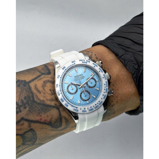 Custom Seiko Mod • White Ice Blue Daytona • 39.5mm